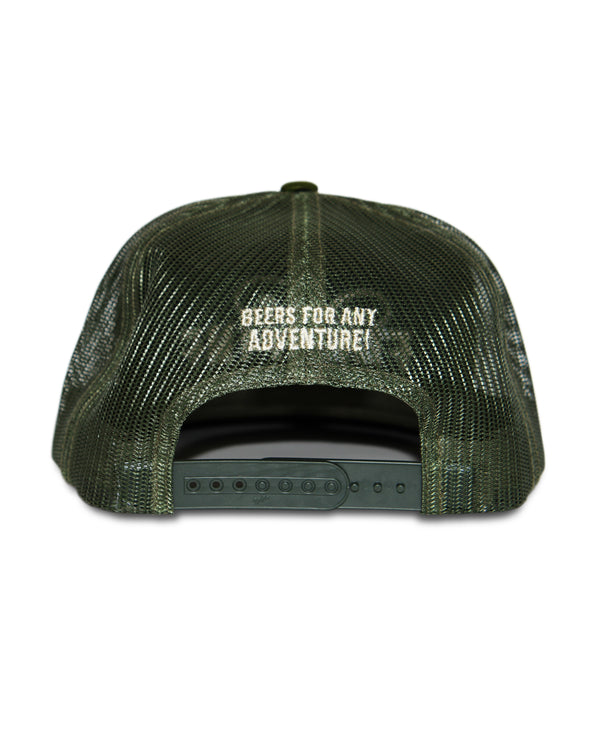 Eddyline Brewing logo flat bill hat in green camo, back view