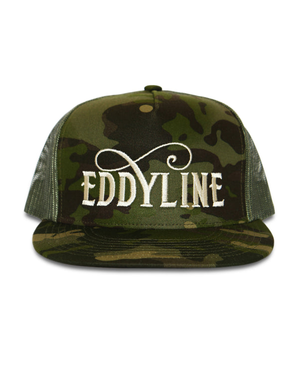 Eddyline Brewing logo flat bill hat in green camo, front view