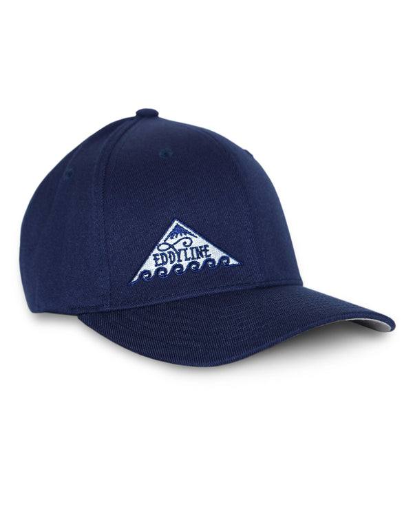 Eddyline Brewing logo FlexFit hat in blue, front view