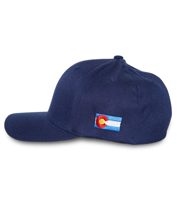 Eddyline Brewing logo FlexFit hat in blue, side view