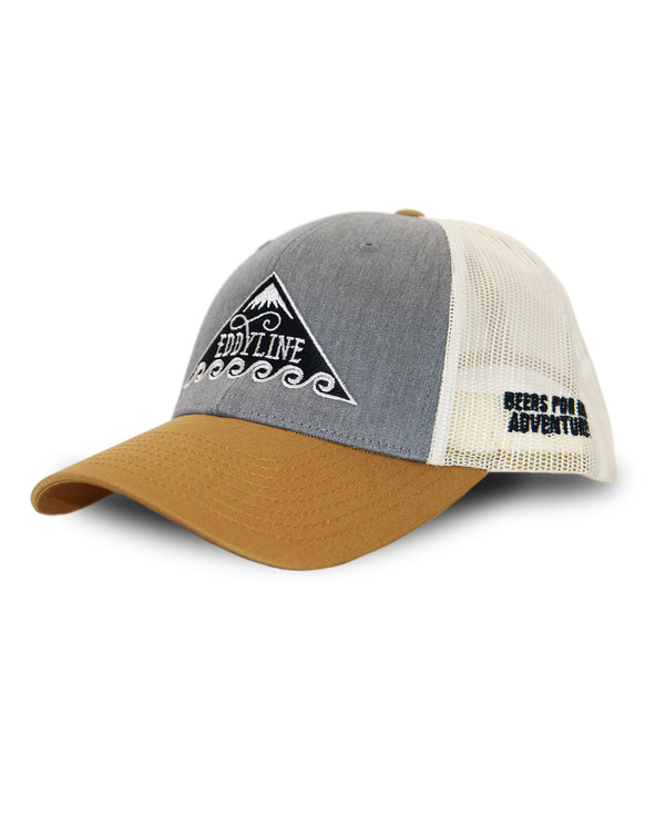 Eddyline Brewing logo trucker hat in birch and gray