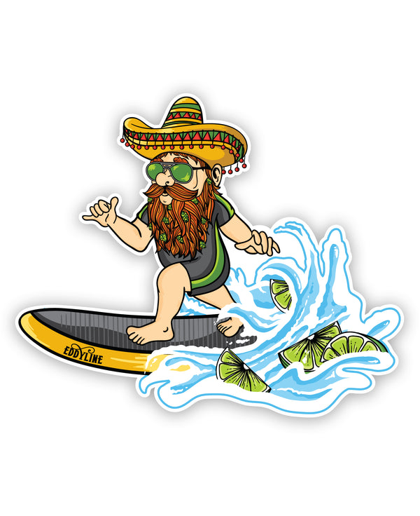 Surfing Dank Eddy gnome adventure sticker - Eddyline Brewing merch