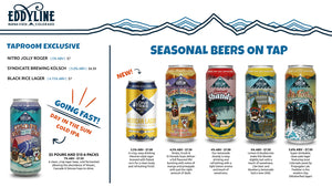 Current seasonal beer board with draft craft beers on tap at Eddyline Brewing taproom, Buena Vista, Colorado